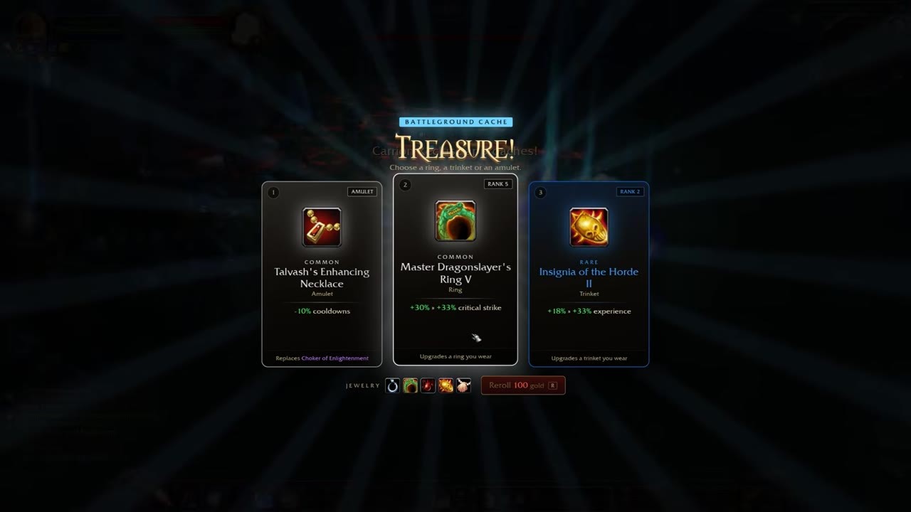 A cache offers an amulet, a ring and a trinket, with the current jewelry slots and a gold reroll price below.