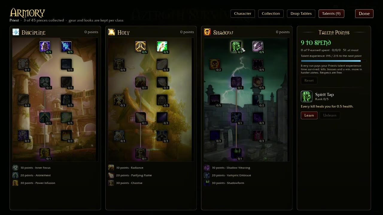 The Priest talent page displays Discipline, Holy and Shadow trees and available talent points.