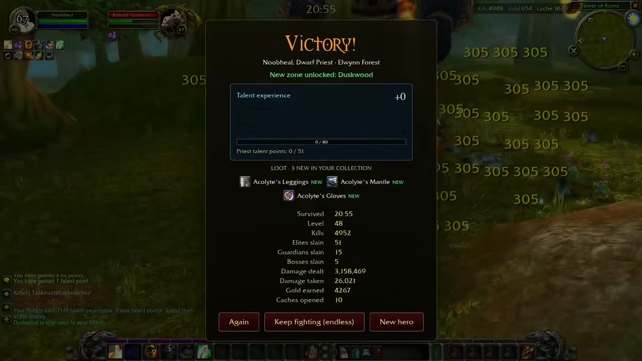 An Elwynn Forest victory panel announces Duskwood unlocked and lists new equipment, run statistics and replay options.