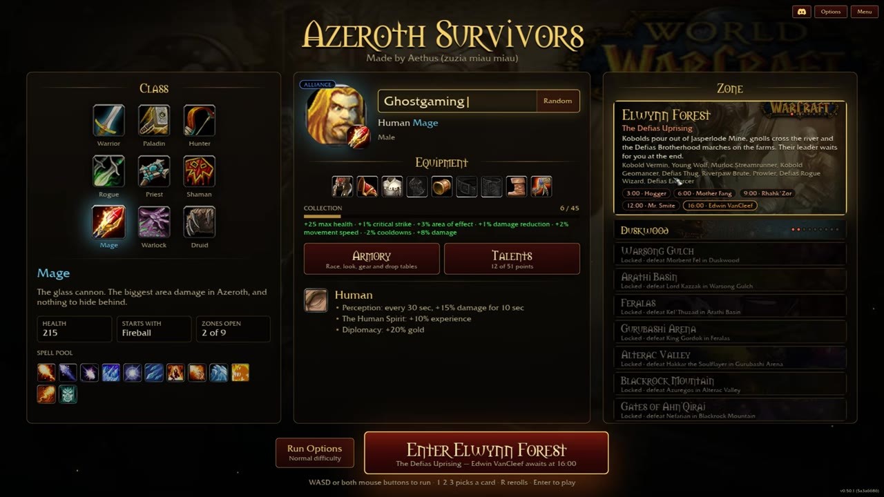 The original Azeroth Survivors menu with Mage selected, equipment in the center and the Elwynn Forest boss panel on the right.