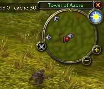 The original game's minimap, with a crossed-swords button on its lower-left rim and plus and minus zoom buttons on the right.