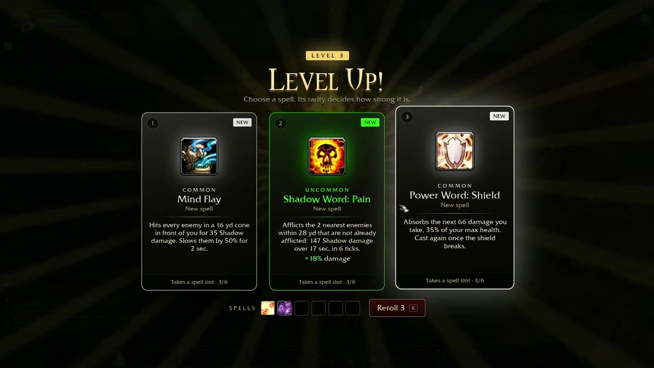 A Priest level-up offers Mind Flay, Shadow Word: Pain and Power Word: Shield above a six-slot spell bar.